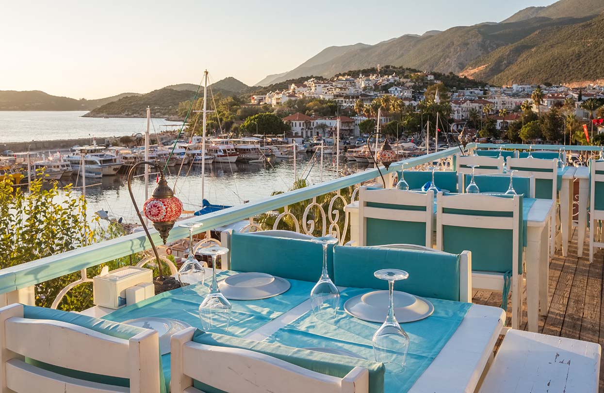Outdoor cafe at sunset in Kas, image by Mazur Travel, shutterstock
